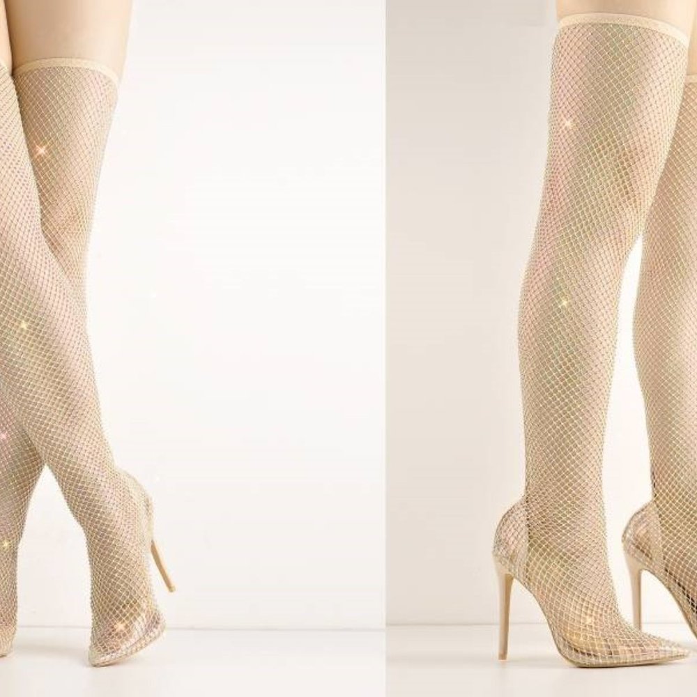 NEUTRAL FISHNET THIGH RHINESTONE BOOTS
